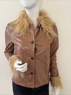 Dolls Kill Brand HalfHeart Faux Patent Leather Pennylane Jacket w Faux Fur Trim
